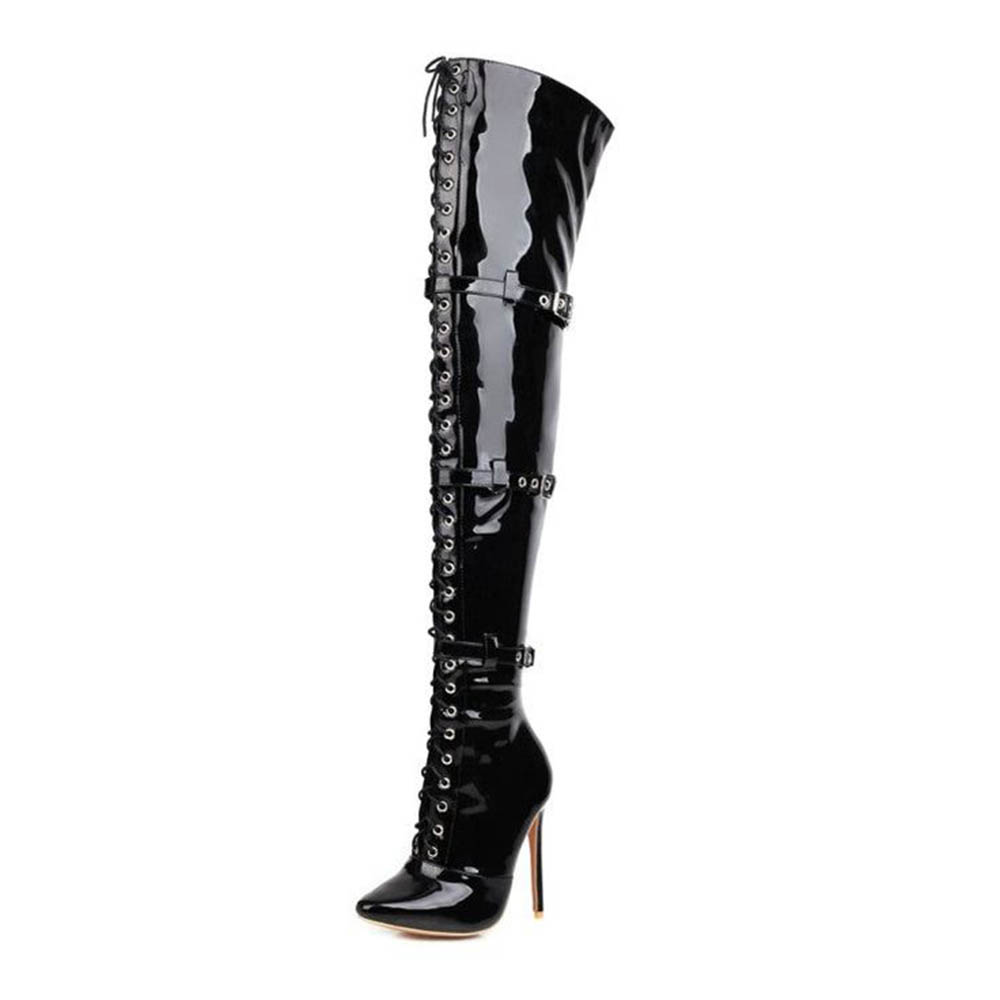 Black Patent Leather Closed Toe Thigh High Winter Boots With Stiletto Heels Nicepairs