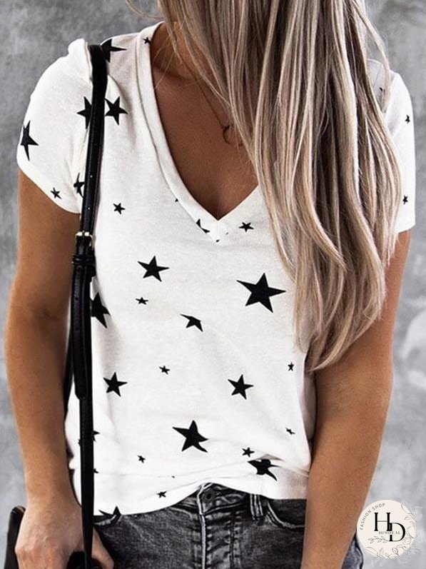 V-Neck Short Sleeve Starry T-Shirt Top