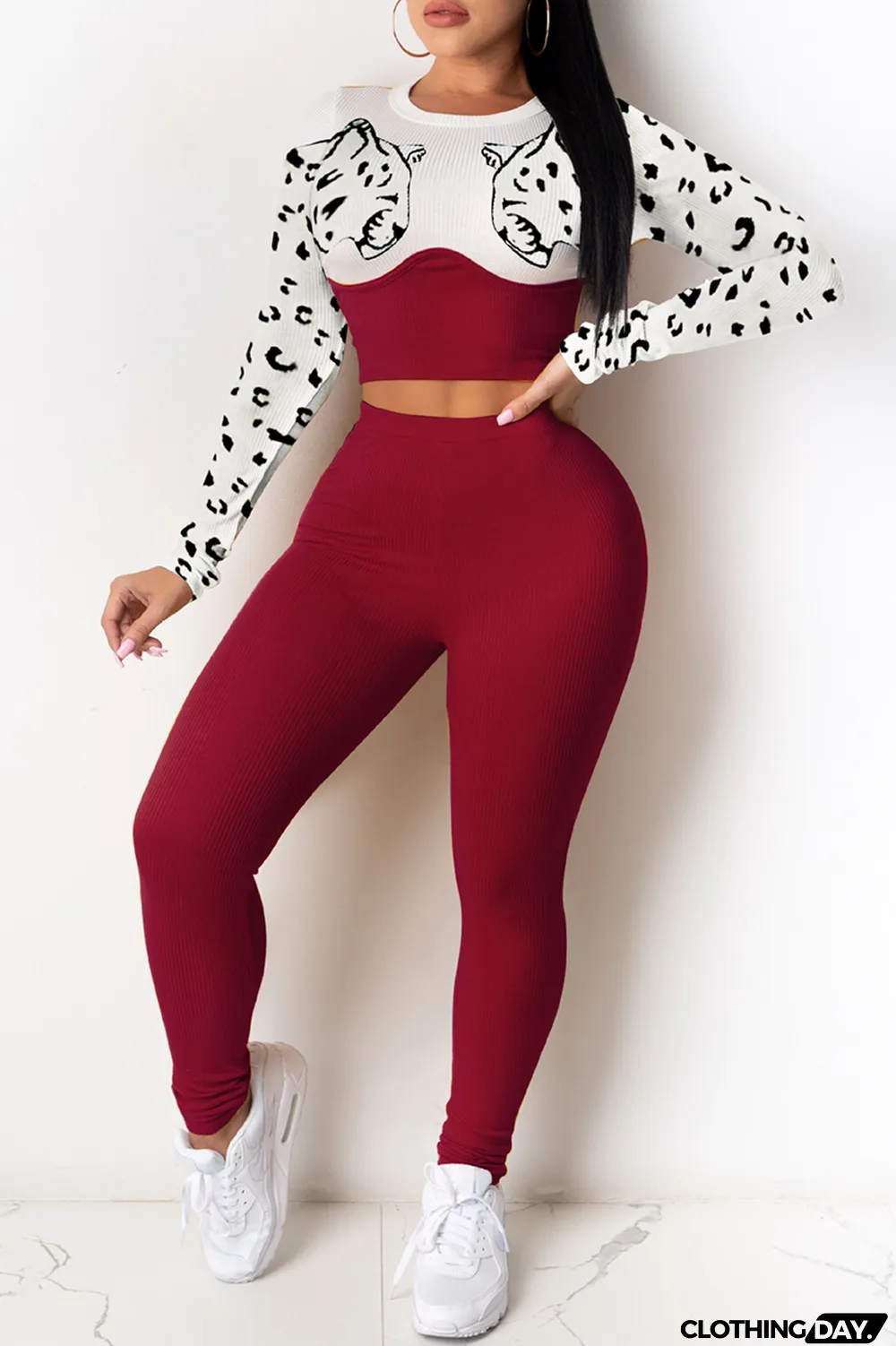 Red Fashion Casual Print Split Joint O Neck Long Sleeve Two Pieces