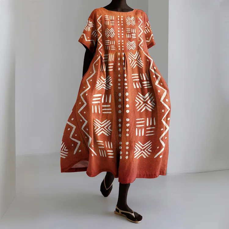 Vintage African Art Abstract Print Linen Dress