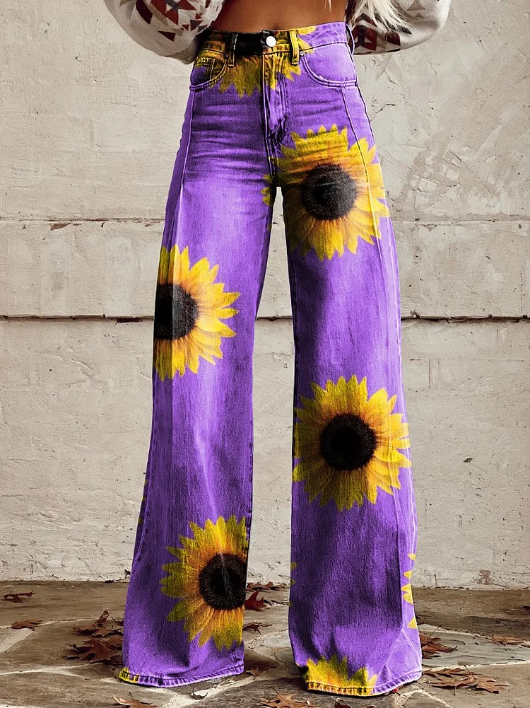 Sunflowers On Purple Background Women's Print Casual Wide Leg Pants