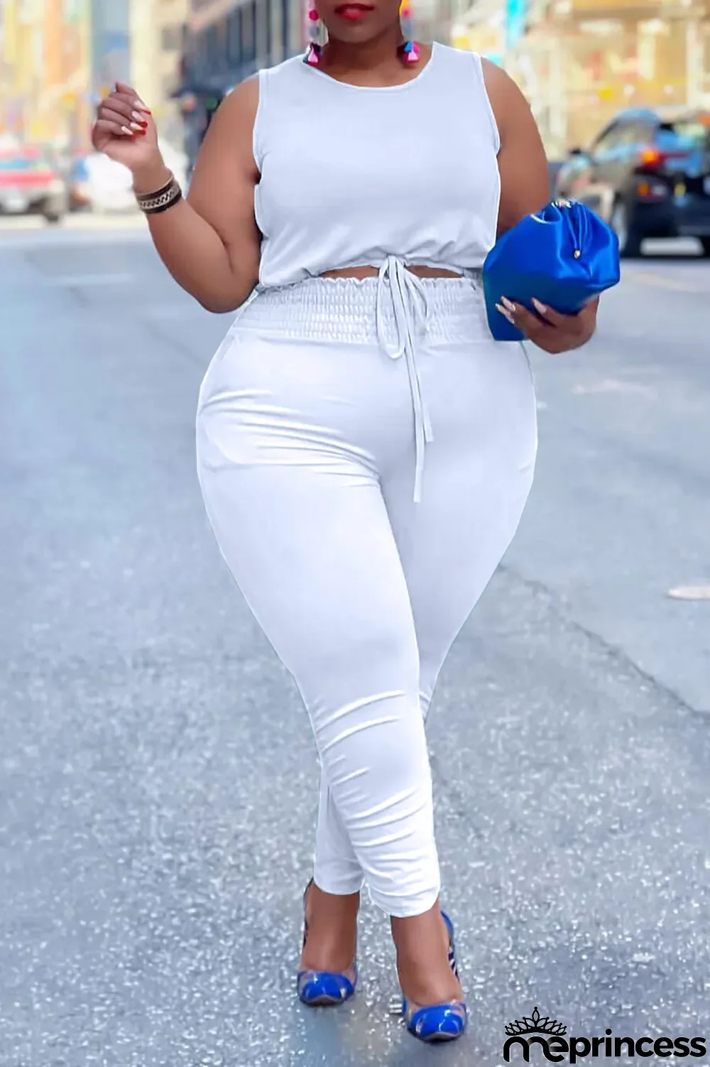 Sky Blue Casual Solid Split Joint O Neck Plus Size Two Pieces