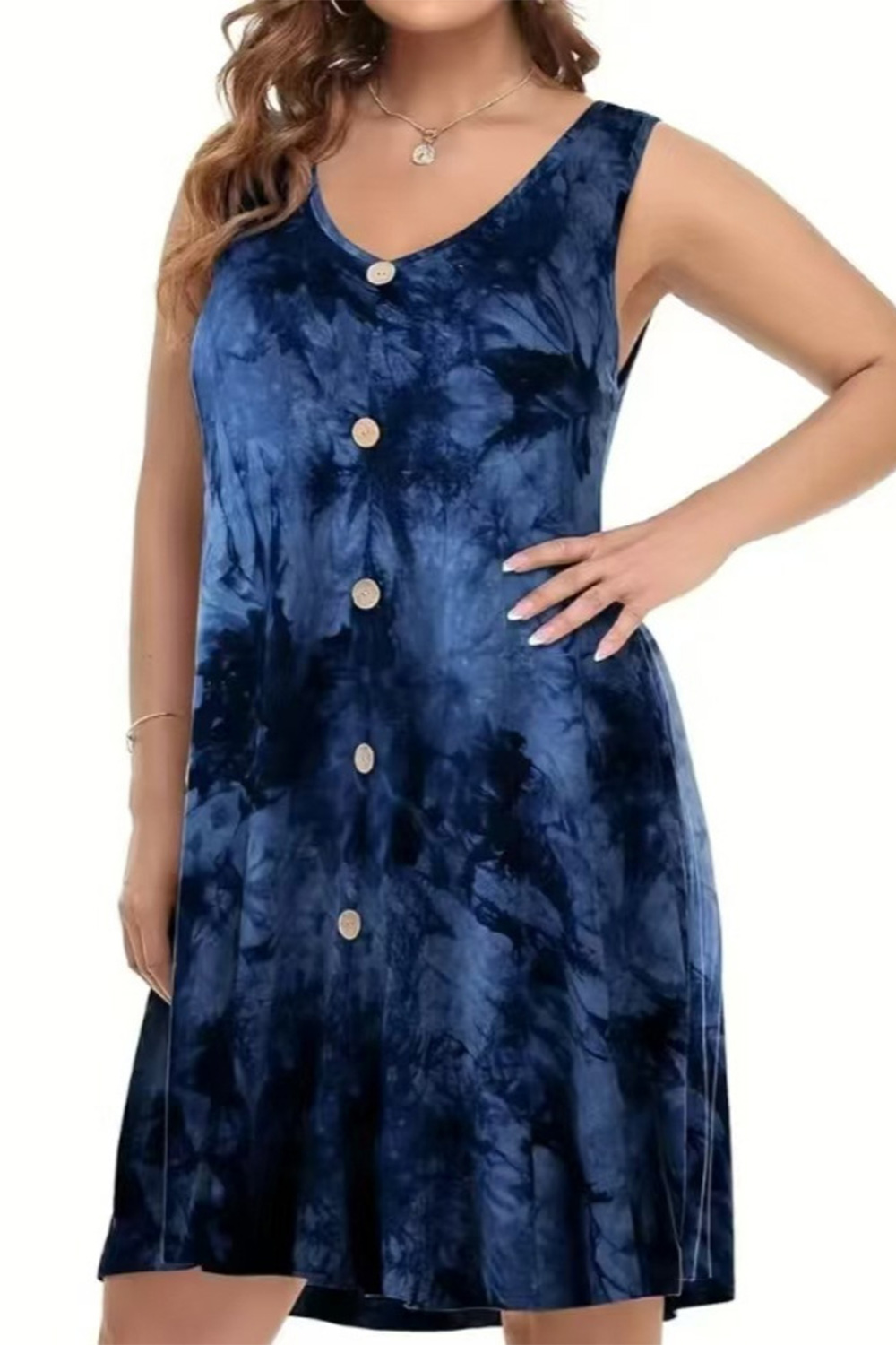 Plus Size Everyday Blue Marble Print Button Sleeveless Pocket Midi Dress 2024 - Flycurvy 
