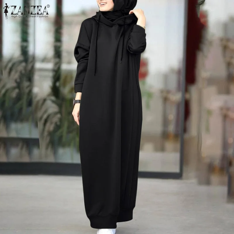 ZANZEA Women's Sweatshirt Dress 2022 Stylish Hoodies Long Sleeve Maxi Dress Female Casual Solid Hooded Vestidos Robe