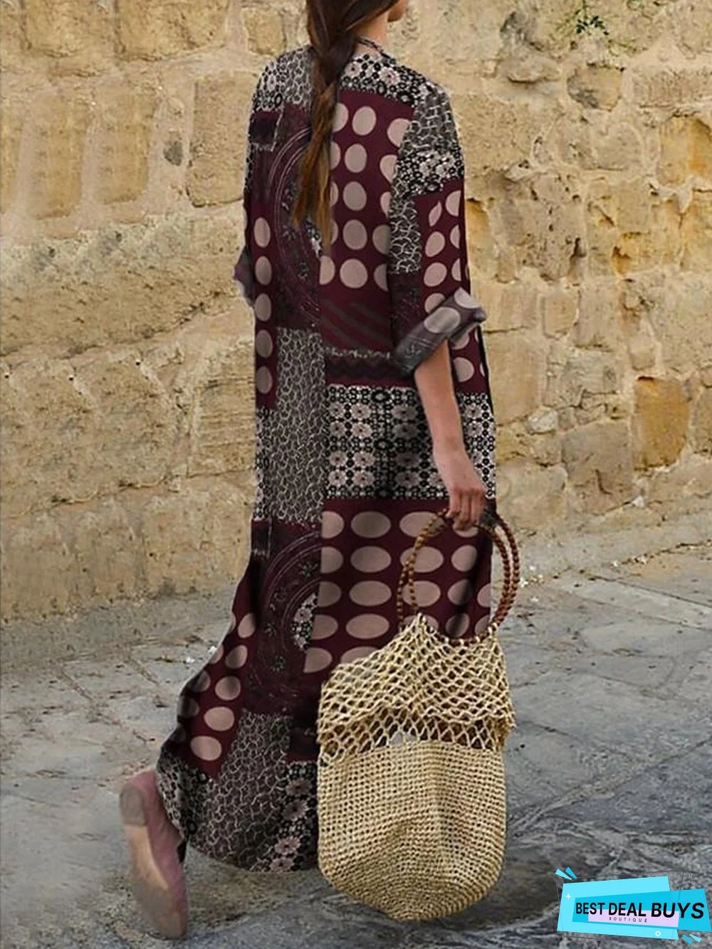 Women's Shift Dress Knee Length Dress Long Sleeve Print Summer Casual Cotton Wine Navy Blue