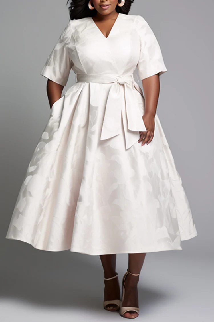Xpluswear Design Plus Size Wedding White Elegant Round Neck Half Sleeve Pocket Wrap Satin Midi Dresses [Pre-Order]