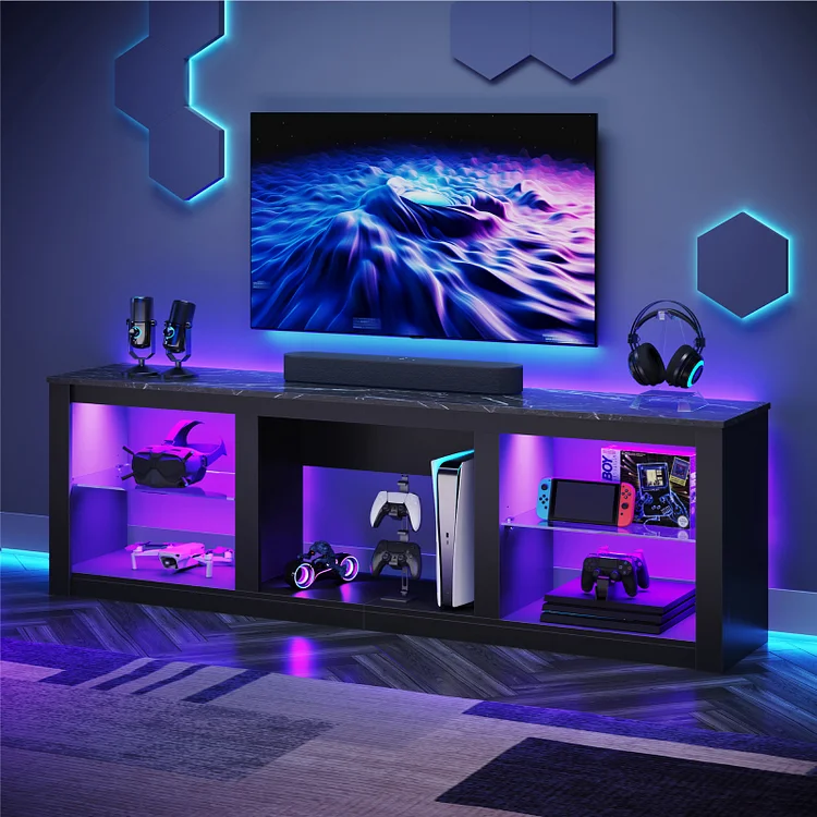 Bestier LED TV Stand for TVs up to 75'', Modern Entertainment Center with Remote Controlled RGB Lights, Adjustable Glass Shelves & Open Storage, Media Console for Living Room, Black