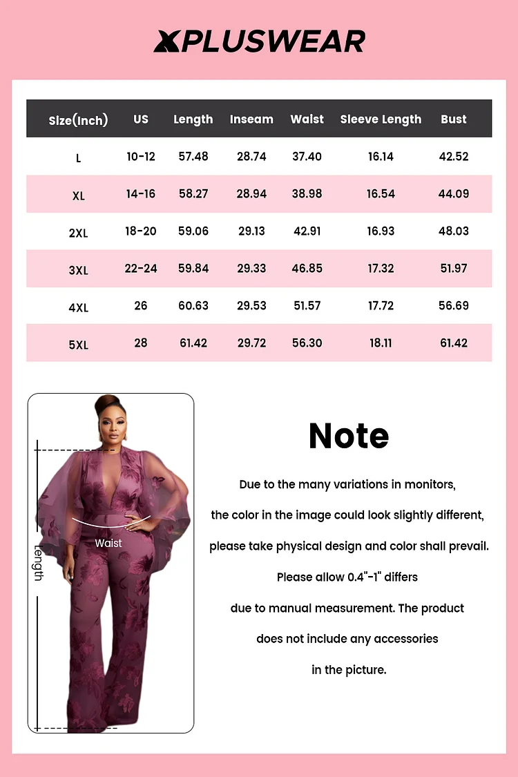 Xpluswear Design Plus Size Formal Tulle Purple Floral Round Neck 3/4 Sleeve See Through Pocket Satin Jumpsuits