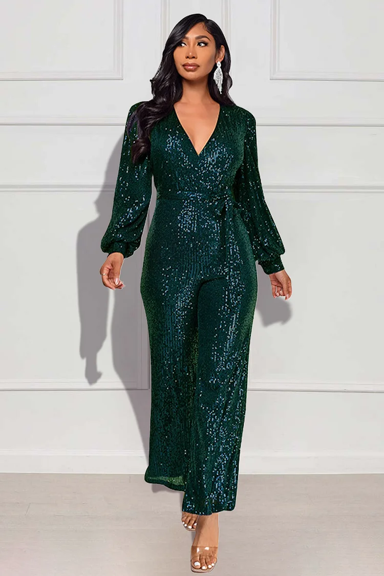 Sequin Deep V Neck Long Sleeve Tie Up Straight Leg Party Jumpsuit-Silver