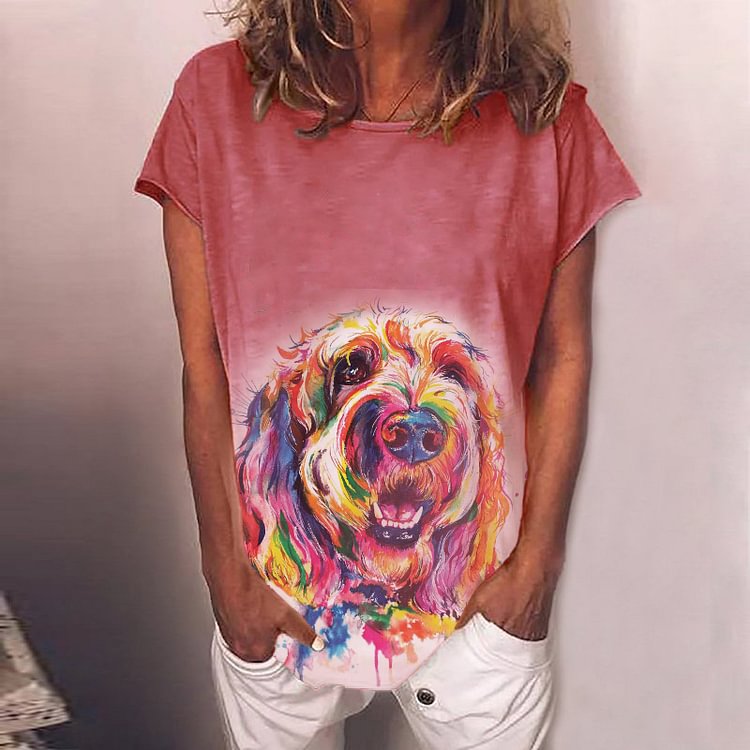 Artwishers Round Neck Short Sleeve Cute Dog Print T-Shirt