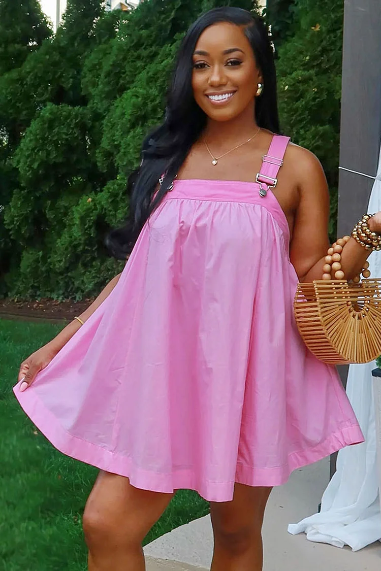 Square Neck Straps Loose-Fit Daily Mini Swing Dresses-Pink [Pre Order]
