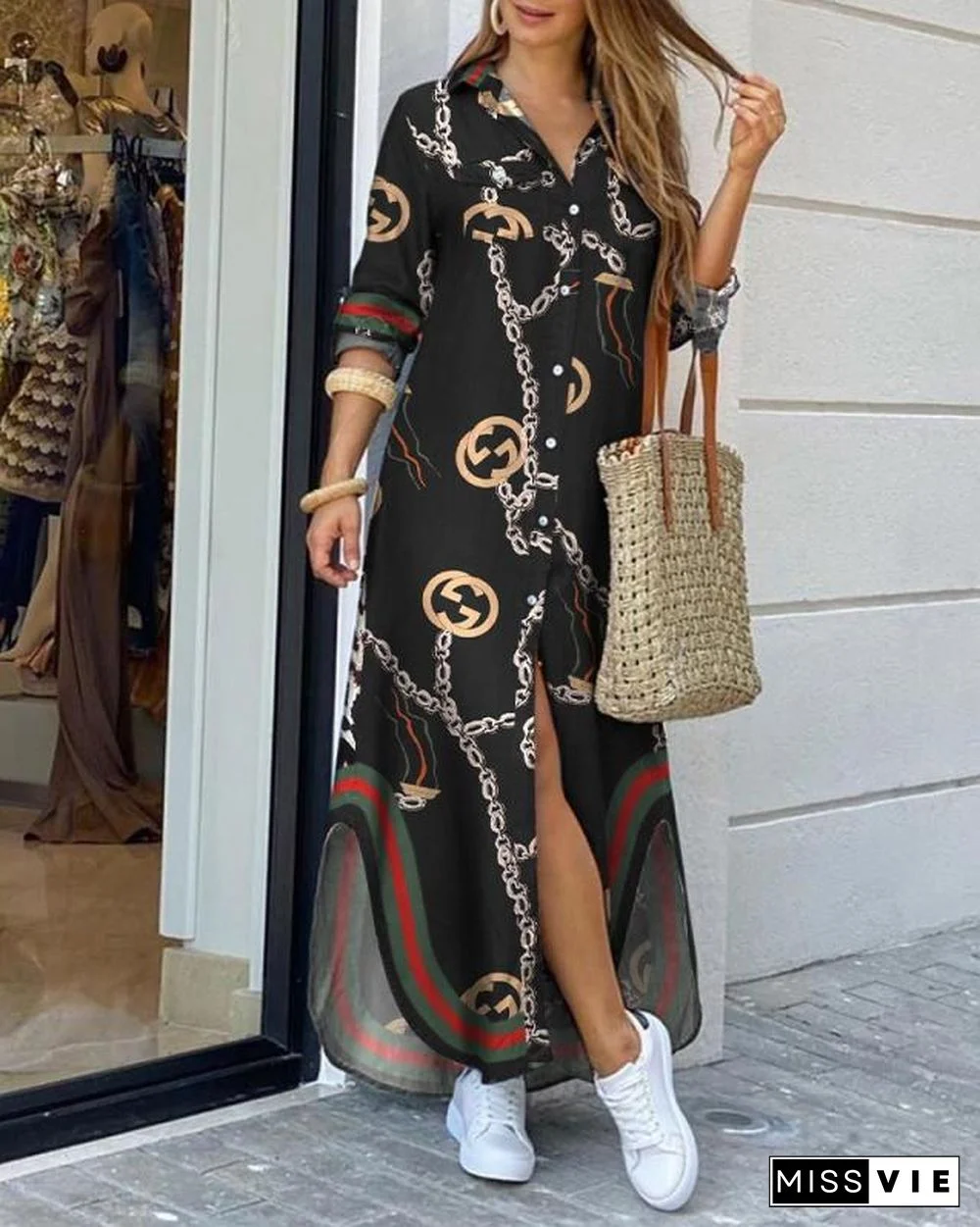 New Fashion Boho Dress Casual Loose Long Sleeve Chain Print Shirt Dress Long Dress Vestidos De Mujer