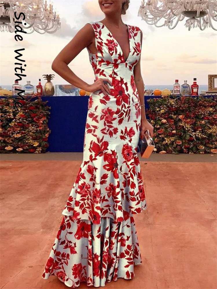Side With Me Sexy Bodycon Print Woman Maxi Tank Dress 2022 Summer V Neck Floral Ruffles Party Elegant Long Women's Dresses