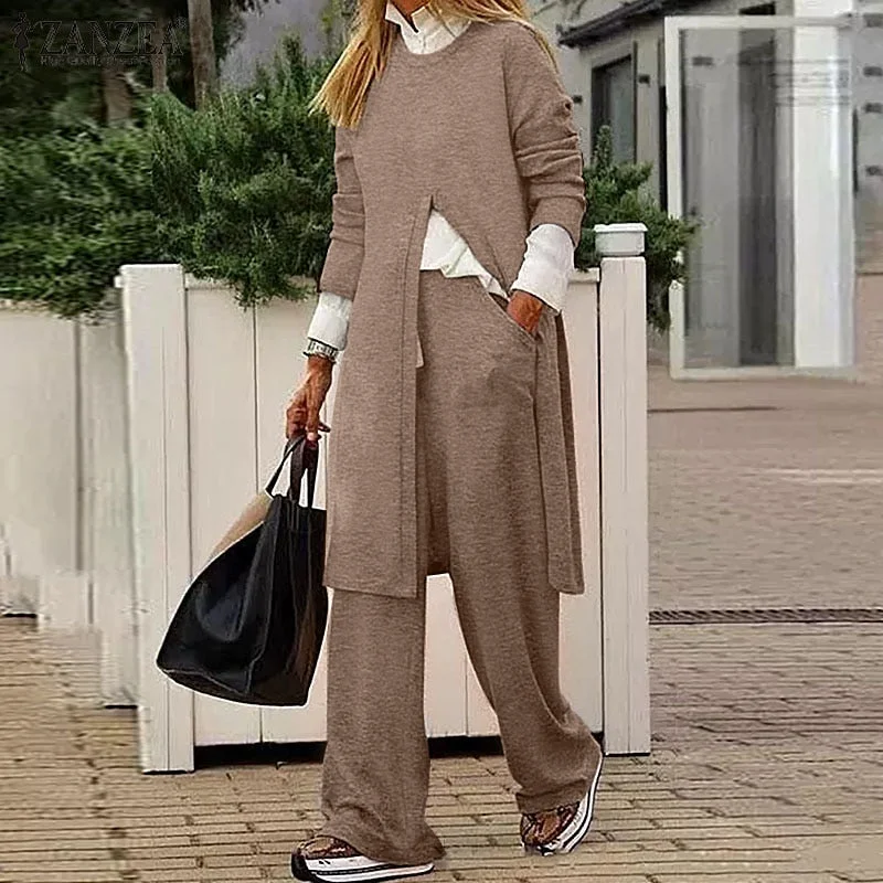 2PCS ZANZEA Women's Tracksuit Autumn Trouser Suits 2022 Urban Casual Solid Matching Sets Long Sleeve Wide Leg Pant Sets Mujer