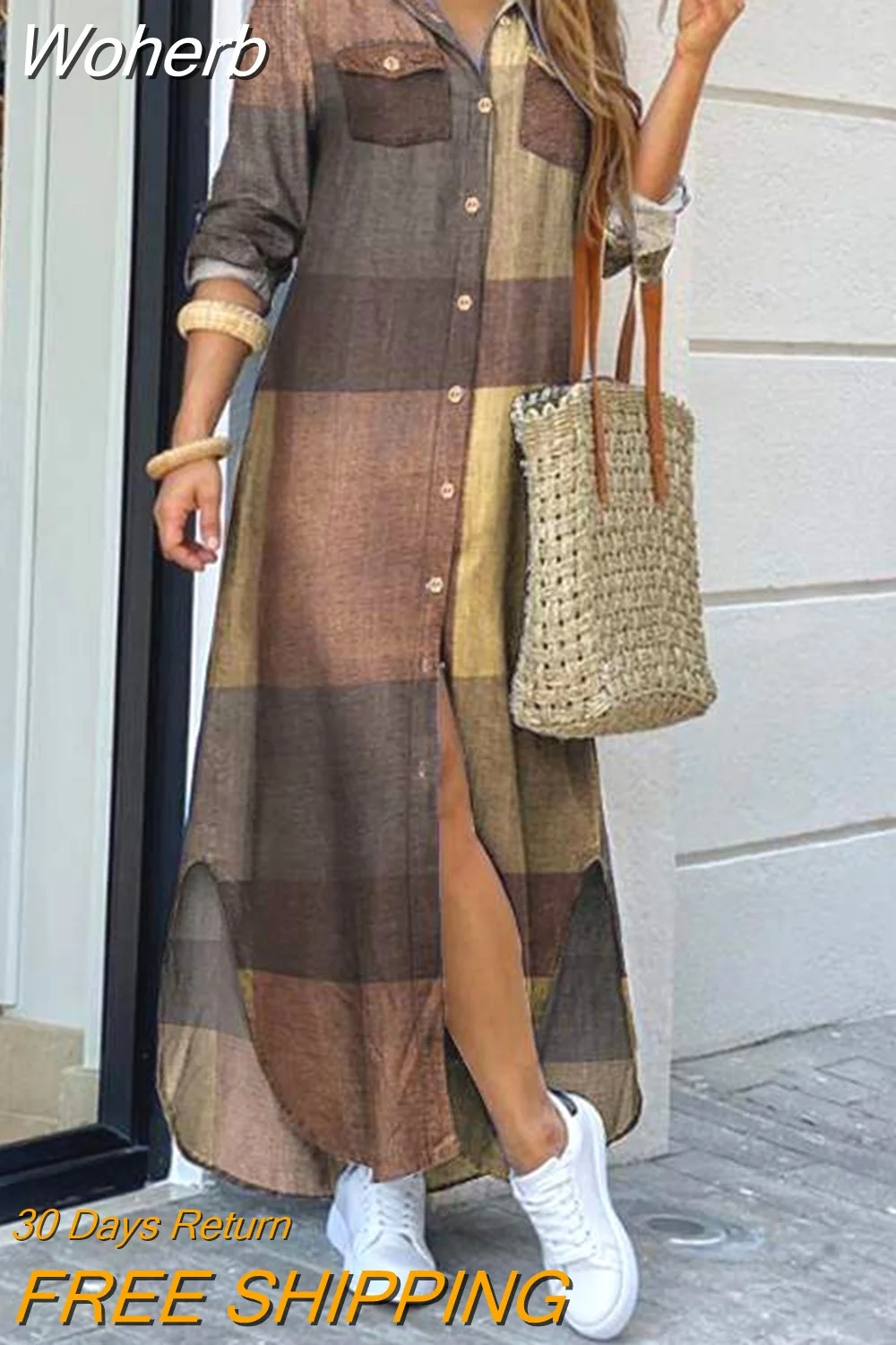 Woherb Dresses for Women S~5xl Scarf Chain Print Button Down Shirt Dress Y2k Vestidos De Mujer Casual Elegant Midi Robe Female-Outfit Ideas