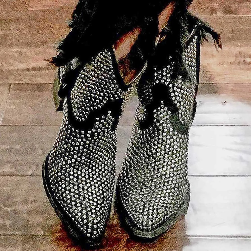 Black Pointed Toe Studded Western Boots for Women with Zipper