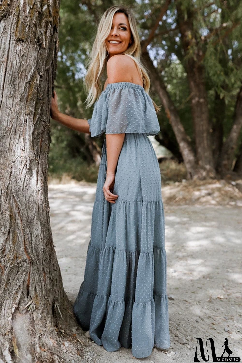 MidiSono - Rust Red Off Shoulder Ruffle Swiss Dot Maxi Dress