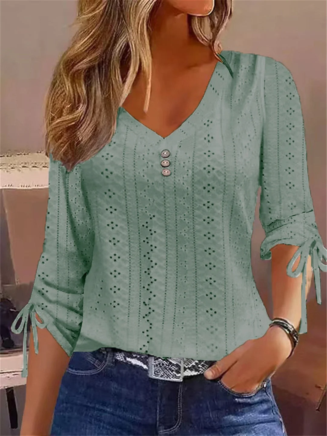 Women Long Sleeve V-neck Solid Color Buttons Tops