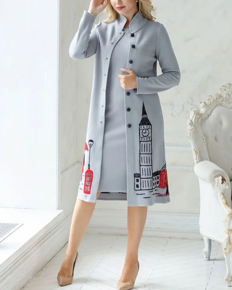 Elegant knitted jacquard cardigan and dress two-piece set