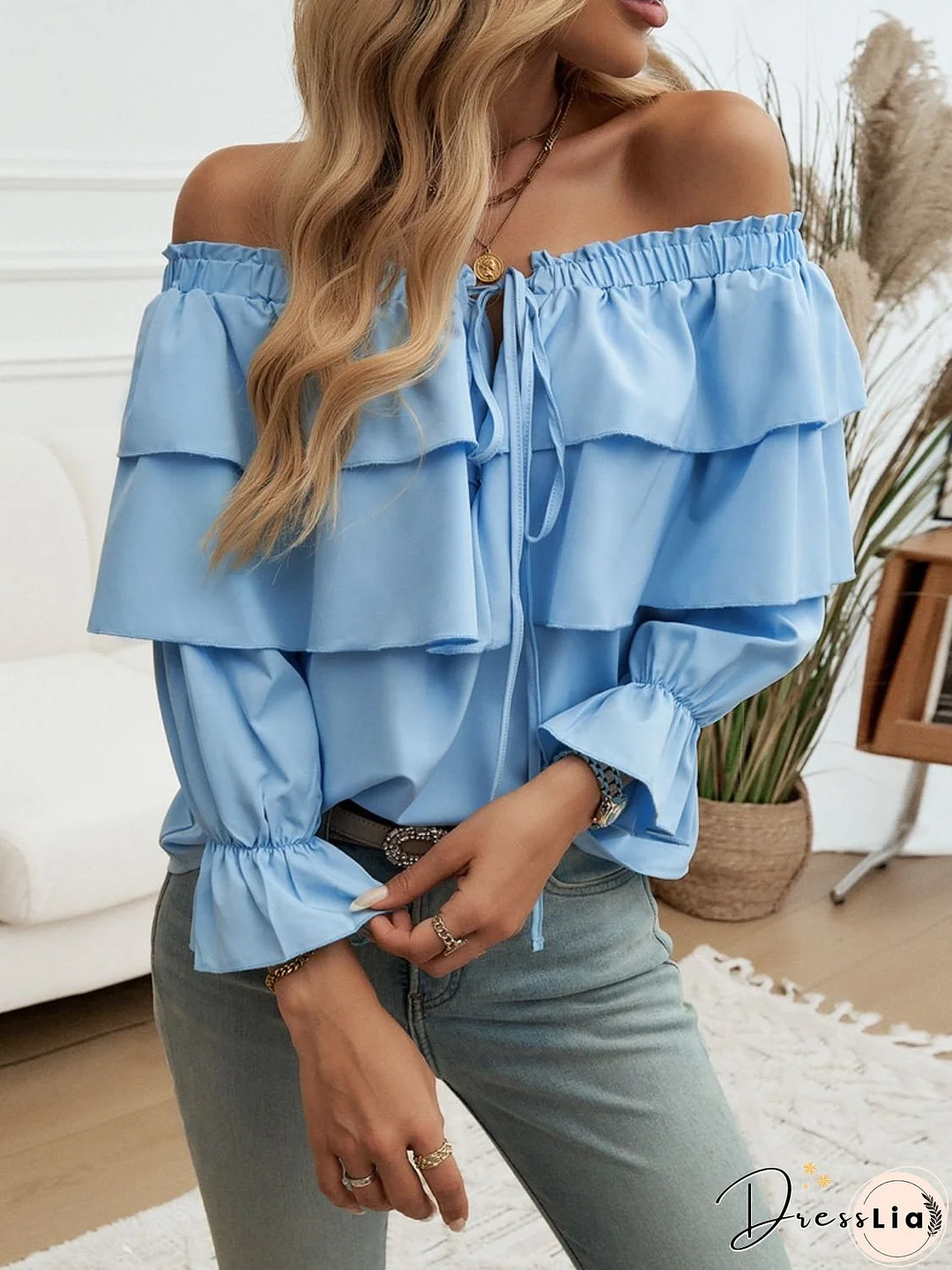 Off-Shoulder Flounce Sleeve Blouse