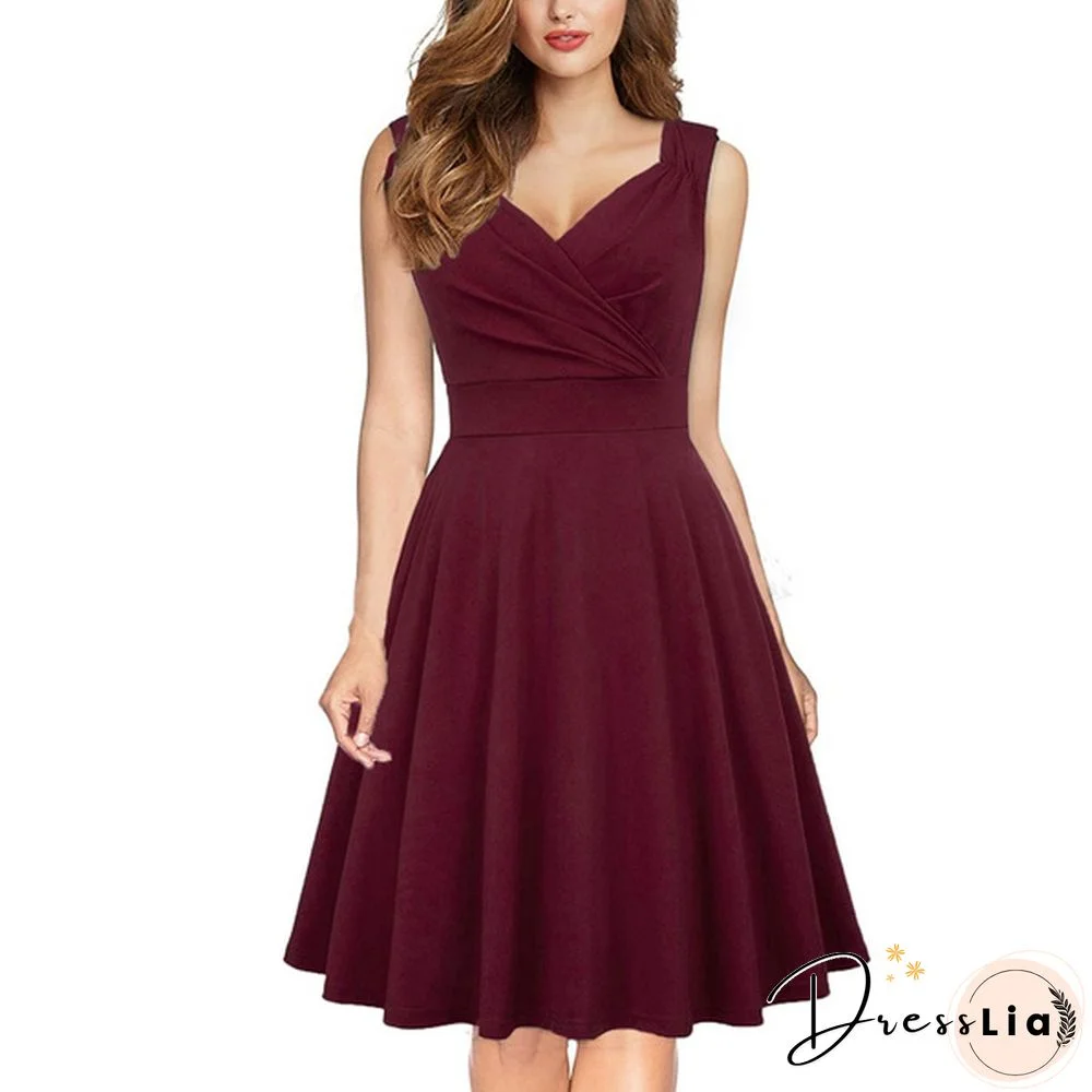 Women 50S Vintage Sleeveless V-Neck A-Line Swing Party Cocktail Dress