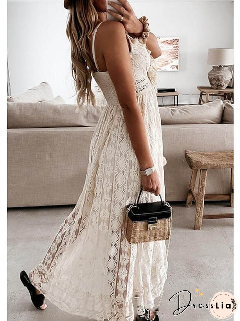 Women's Swing Dress Maxi Long Dress White Beige Sleeveless Solid Color Embroidered Lace Spring Summer V Neck Casual Boho Beach Lace S M L XL XXL