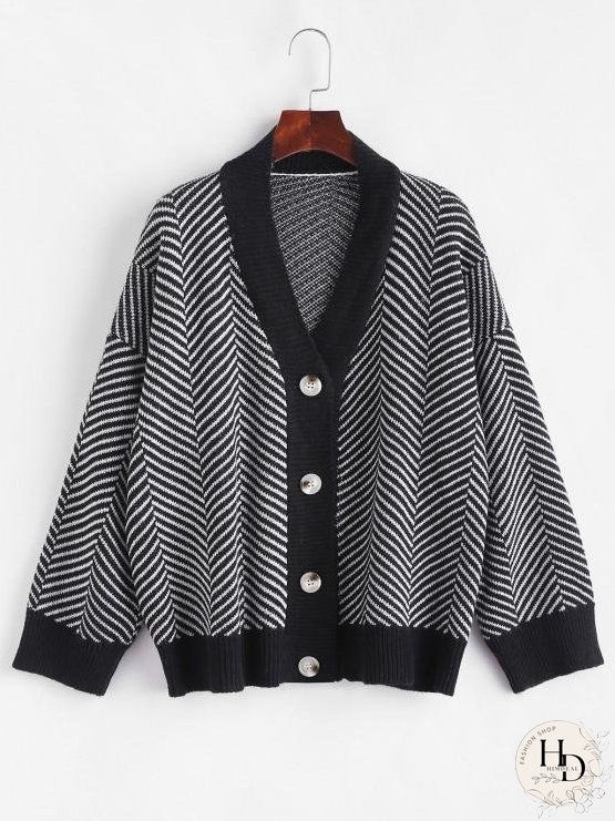 Button Up Stripes Oversized Cardigan for Women