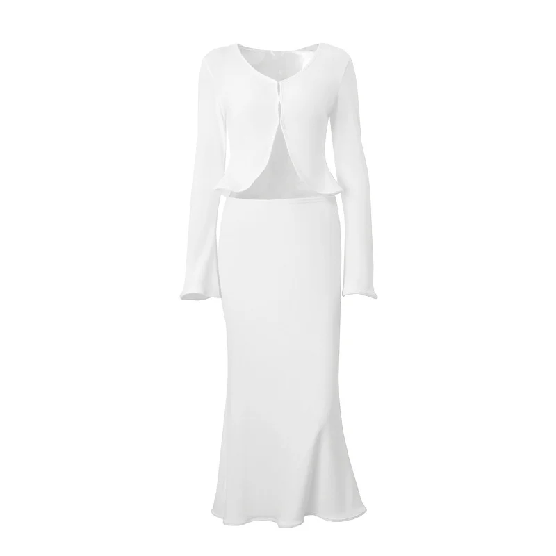 Uveng Uveng 2024 New Fashion Sexy Temperament Casual Two-Piece Knit Long-Sleeve Jacket Fishtail Skirt Suit
