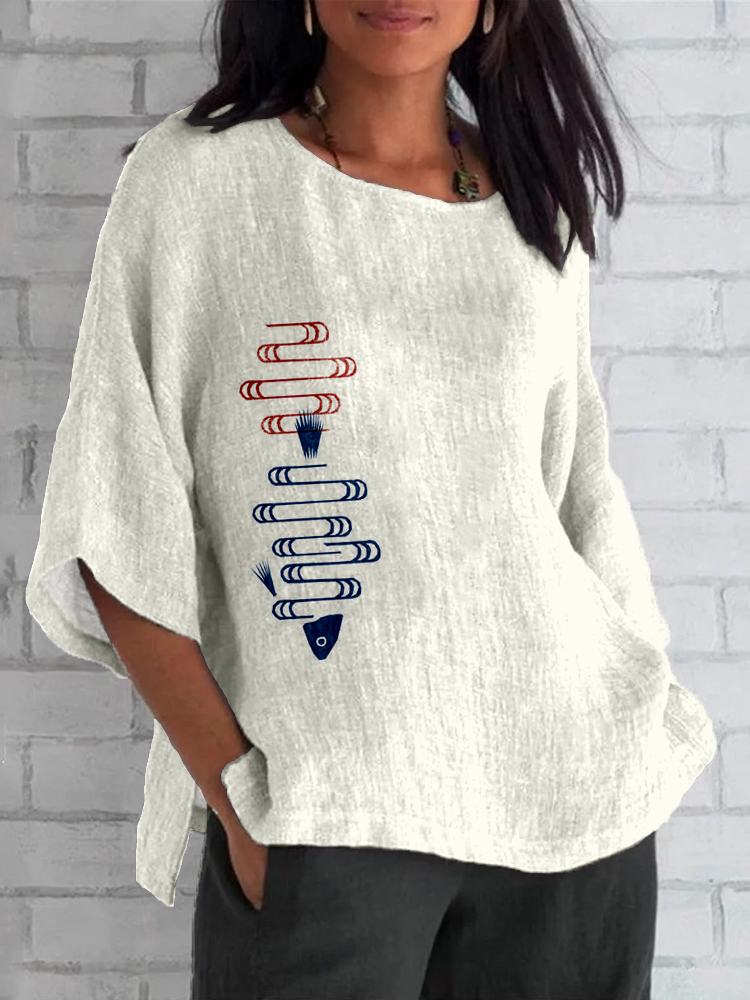 Comstylish Japanese Inspired Fish Art Linen Blend Cozy Tunic