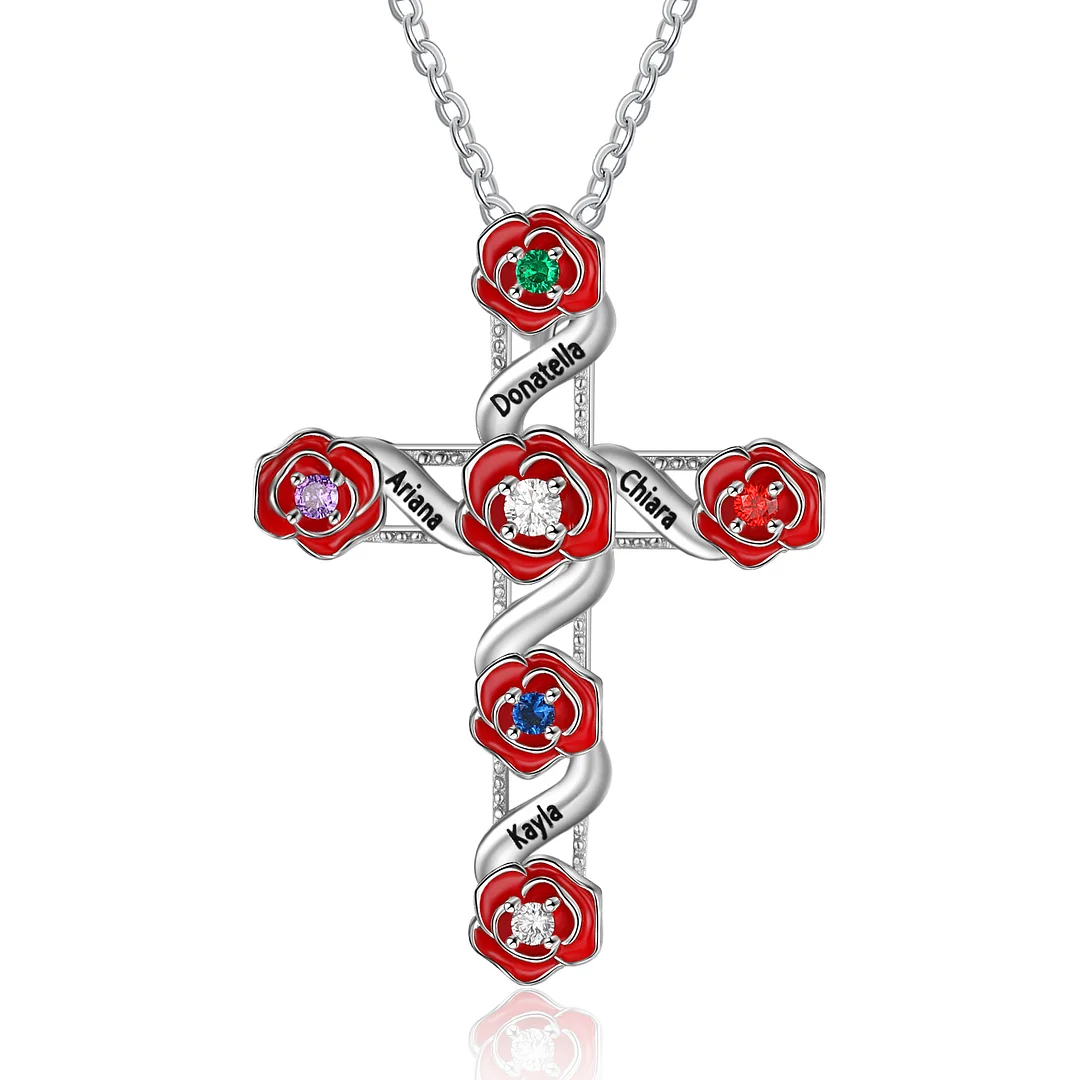 Personalized Rose Cross Necklace with 4 Birthstones Engraved Names for Her