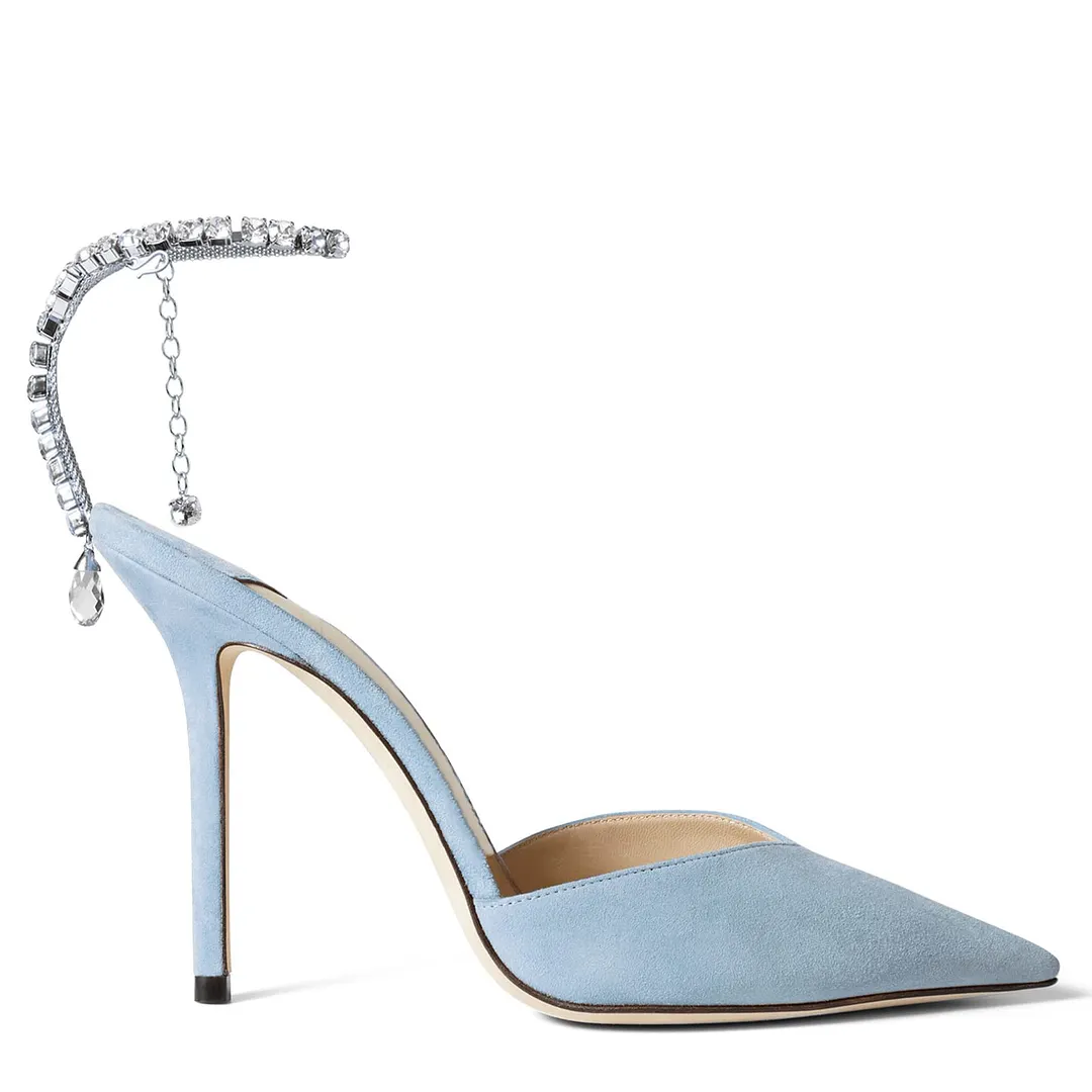 100mm Women's Sandals Crystal Chain Rhinestone Embellished Strap Suede Pumps Pointy Stilettos Backless Shoes-vocosishoes