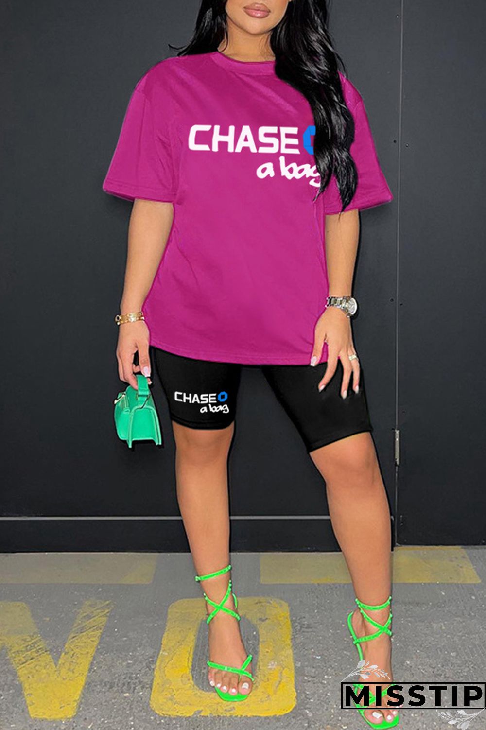 Ginger Casual Letter Print Basic O Neck Short Sleeve Two Pieces