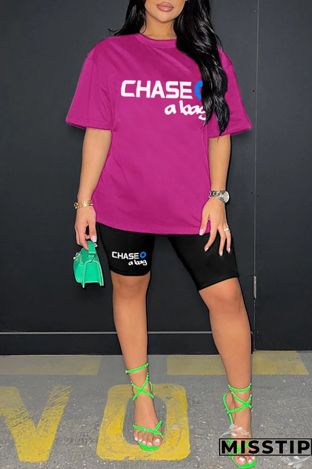 Ginger Casual Letter Print Basic O Neck Short Sleeve Two Pieces