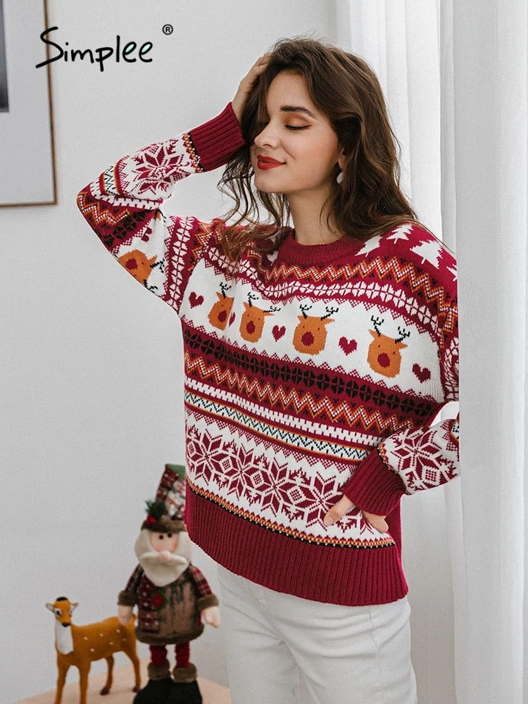 Simplee Christmas red long sleeve women casual sweater autumn winter Animal design female pullover  Fashion knitted sweater tops
