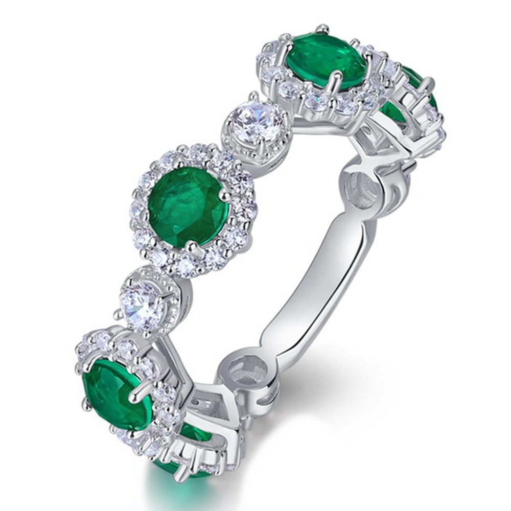 S925 Sterling Silver Round Cut 4 MM Emerald Gemstone Row Ring for Women Fine Jewelry Anniversary Gifts