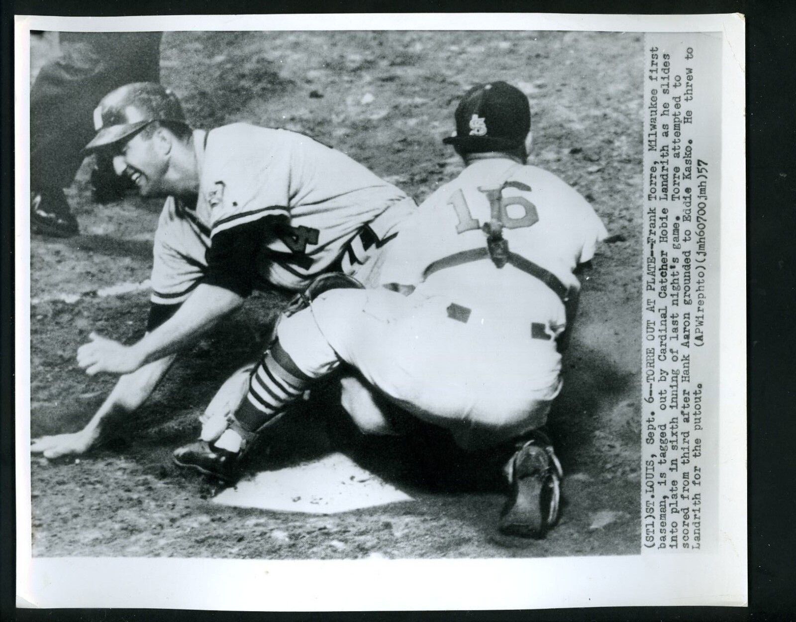 Frank Torre & Hobie Landrith 1957 Press Photo Poster painting Cardinals Milwaukee Braves