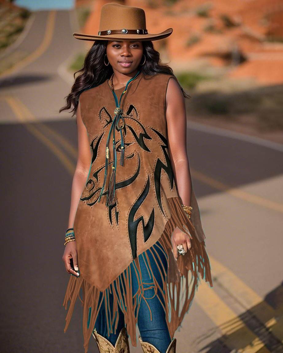Crew Neck Horse Head Print Tassel Irregular Vest