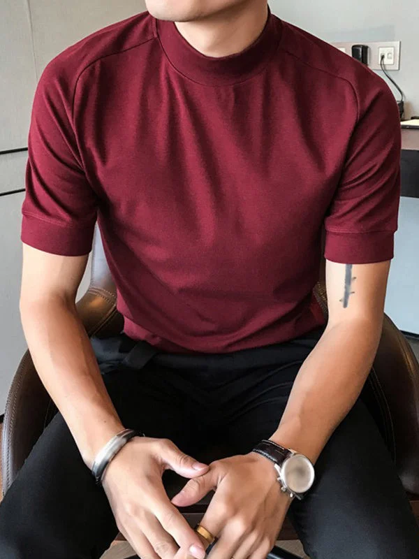 Aonga - Mens Tight Knitted High Neck Short-sleeved T-shirtI aonga