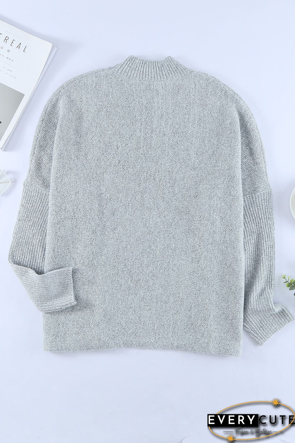 Grey High Neck Oversized Sweater with Slits