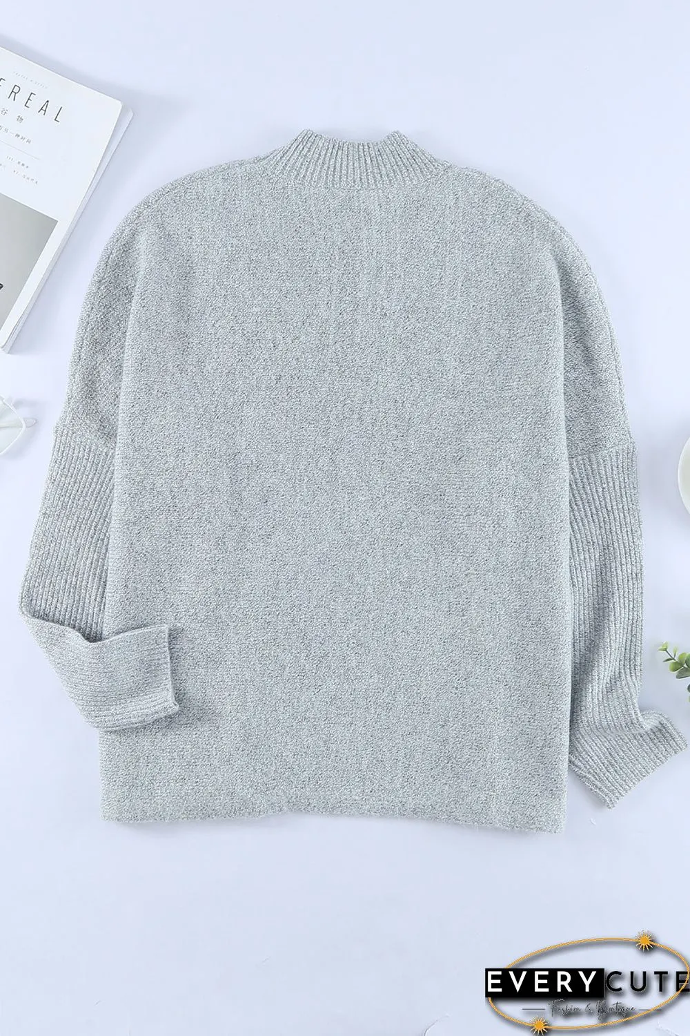Grey High Neck Oversized Sweater with Slits