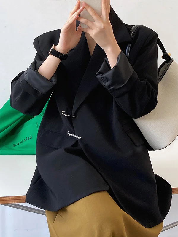 Urban Long Sleeves Loose Solid Color Pin Lapel Collar Suit Outerwear