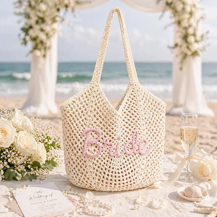 Personalised Straw Knitted Beach Bag and Crochet Tote - Unique Bridesmaid Gift Bags, Travel Wedding Favor, Bachelorette Trip Present