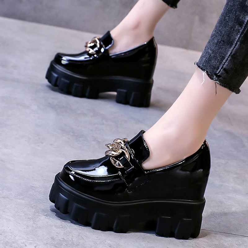 Tanguoant Women Patent Leather Chunky Sneakers Loafers Breathable Chain High Heels Platform Casual Shoes Flats Woman Vulcanize Shoes