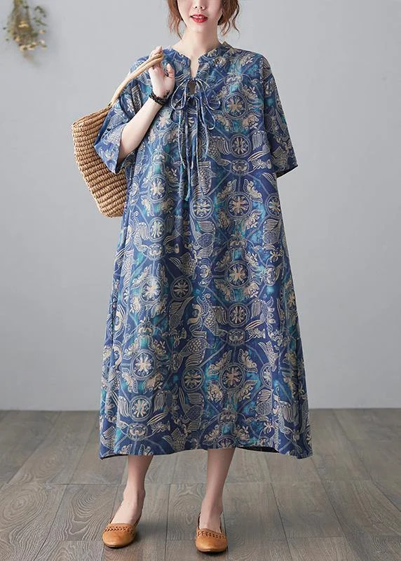 Handmade Blue Print Loose Maxi Summer Cotton Linen Dress