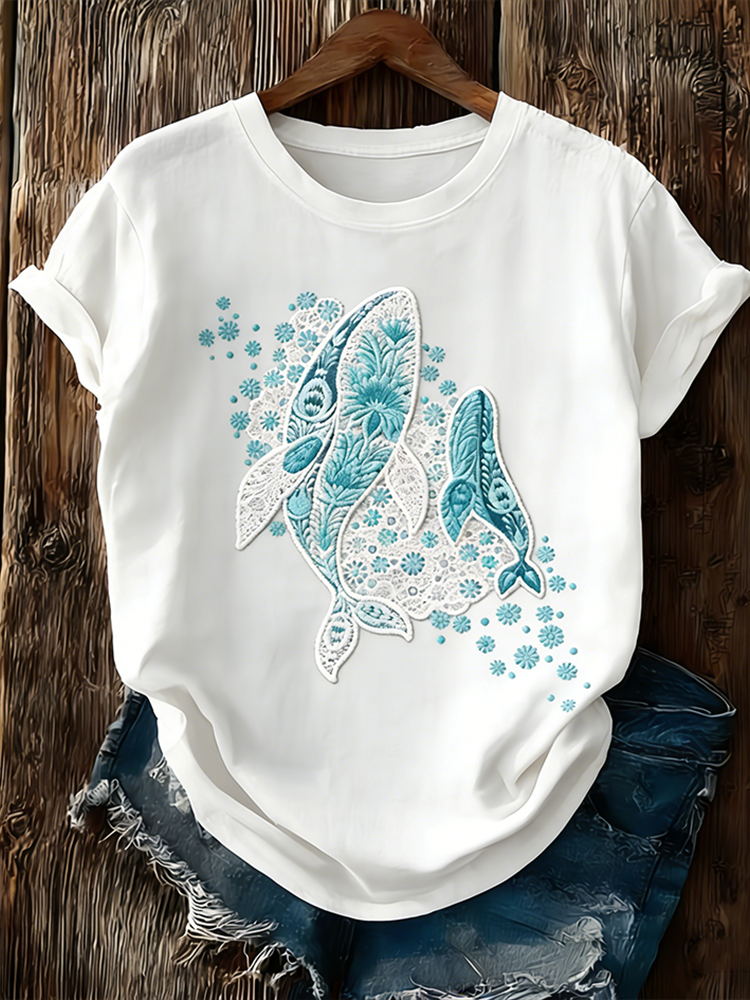 Marine Whale Lace Patchwork Pattern Casual Wash T-shirt wearshes