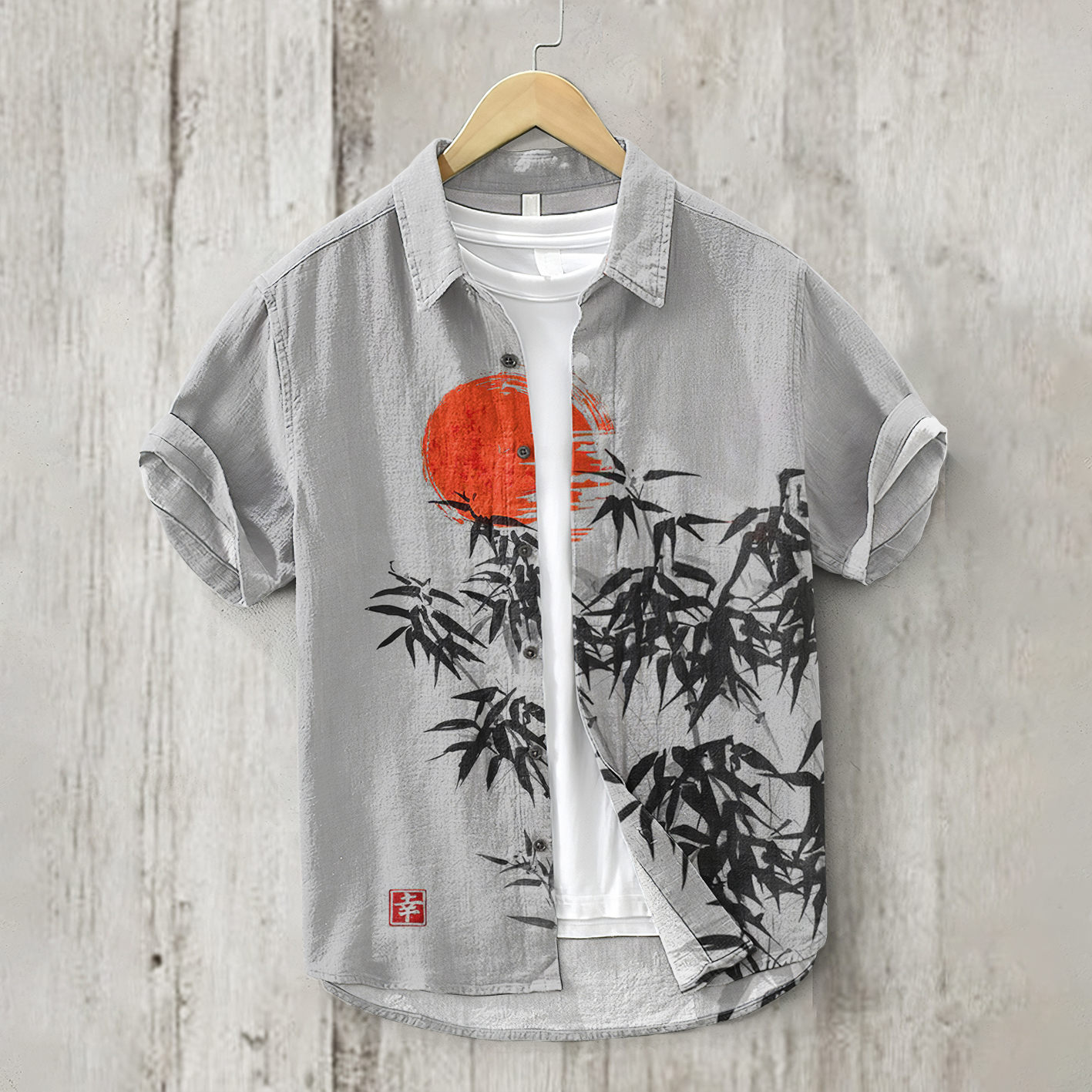 Comstylish Japanese Bamboo Forest And Red Sun Art Linen Blend Shirt