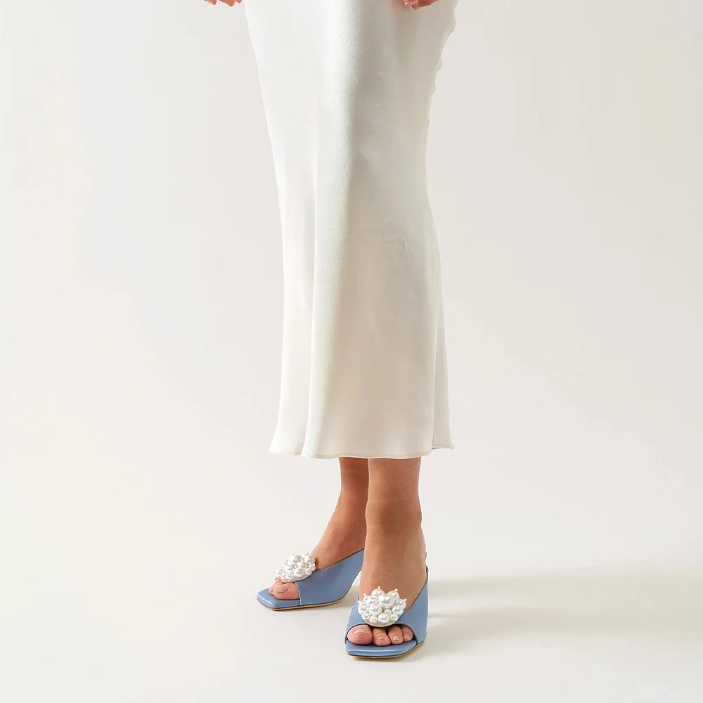 Light Blue Wide Strap Square Toe Women's Mule Shoes with Pearls