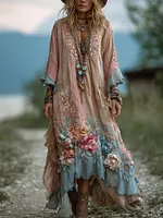 Boho Colorful Flowers Patchwork Flowy Linen Maxi Dress