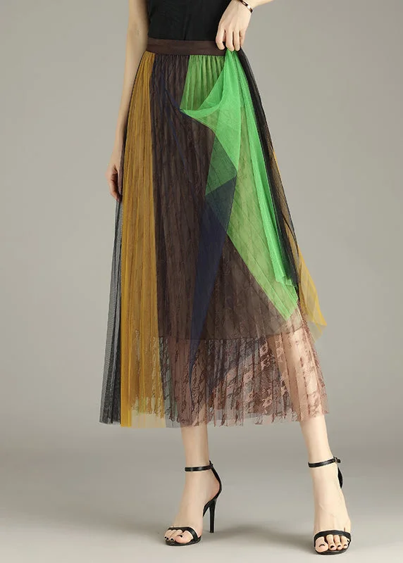 French Yellow Green Lace Patchwork Tulle Pleated Skirt Summer