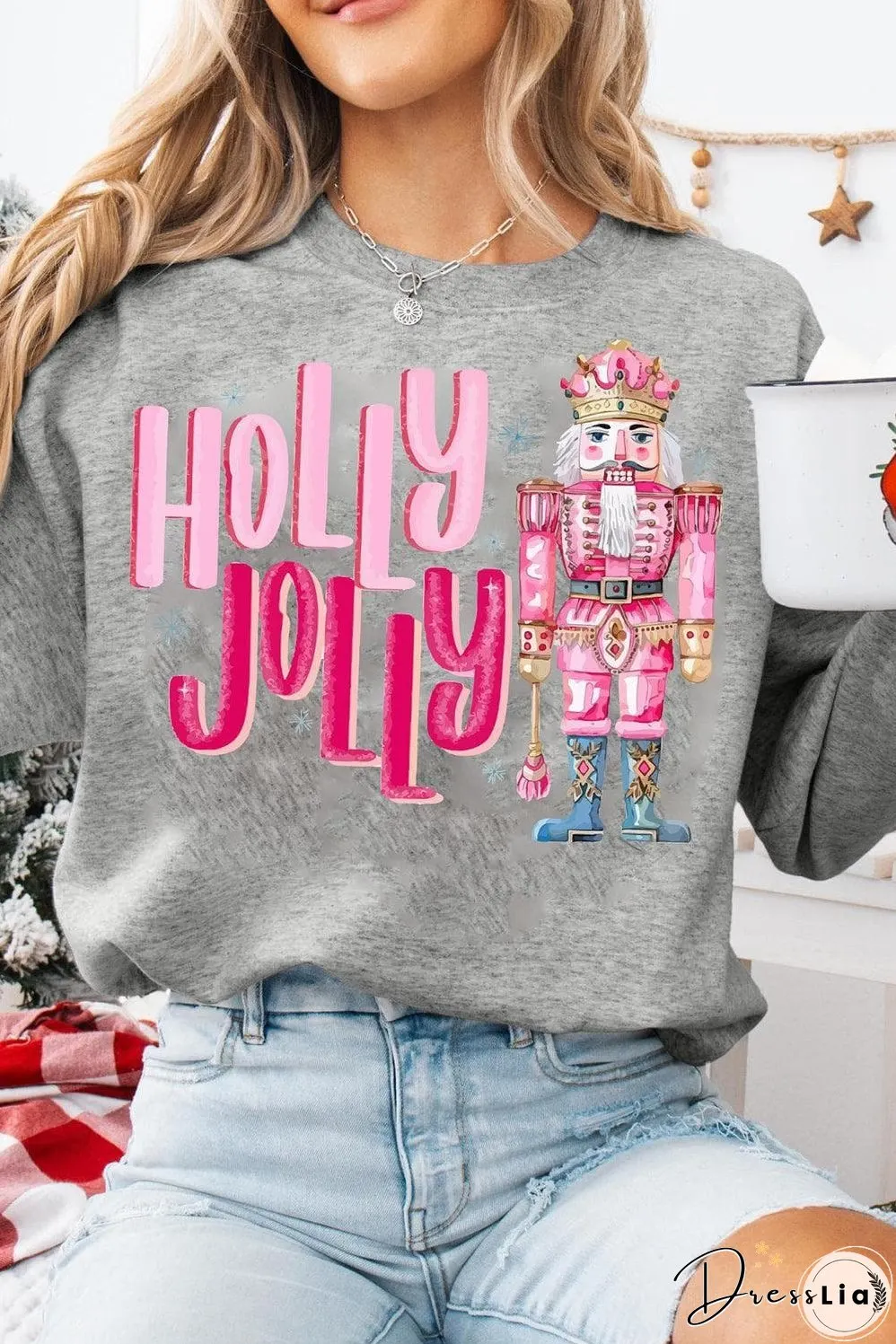 Gray HOLLY JOLLY Nutcracker Print Crew Neck Christmas Sweatshirt